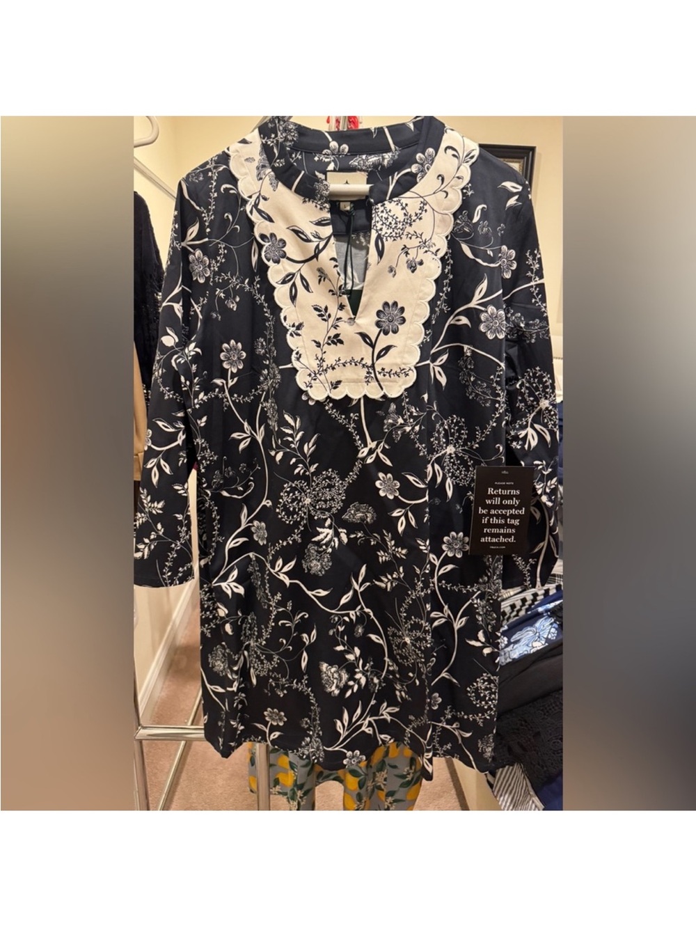 Black & White Floral Mini Dress with Scalloped Bib